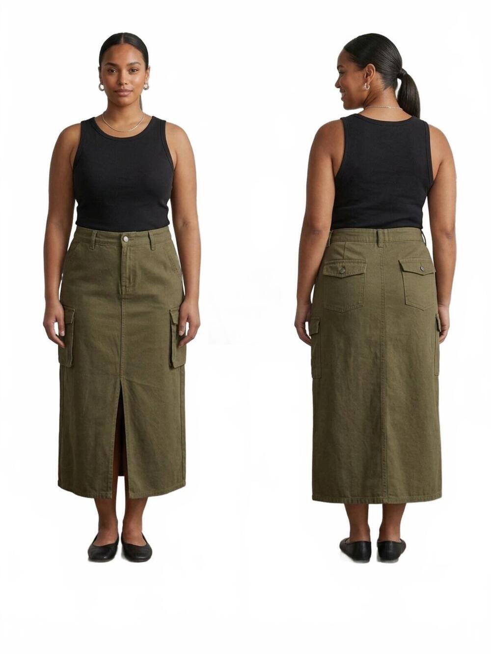 Simple Society Ladies 100% Cotton Army Green Cargo Style Skirt Deep